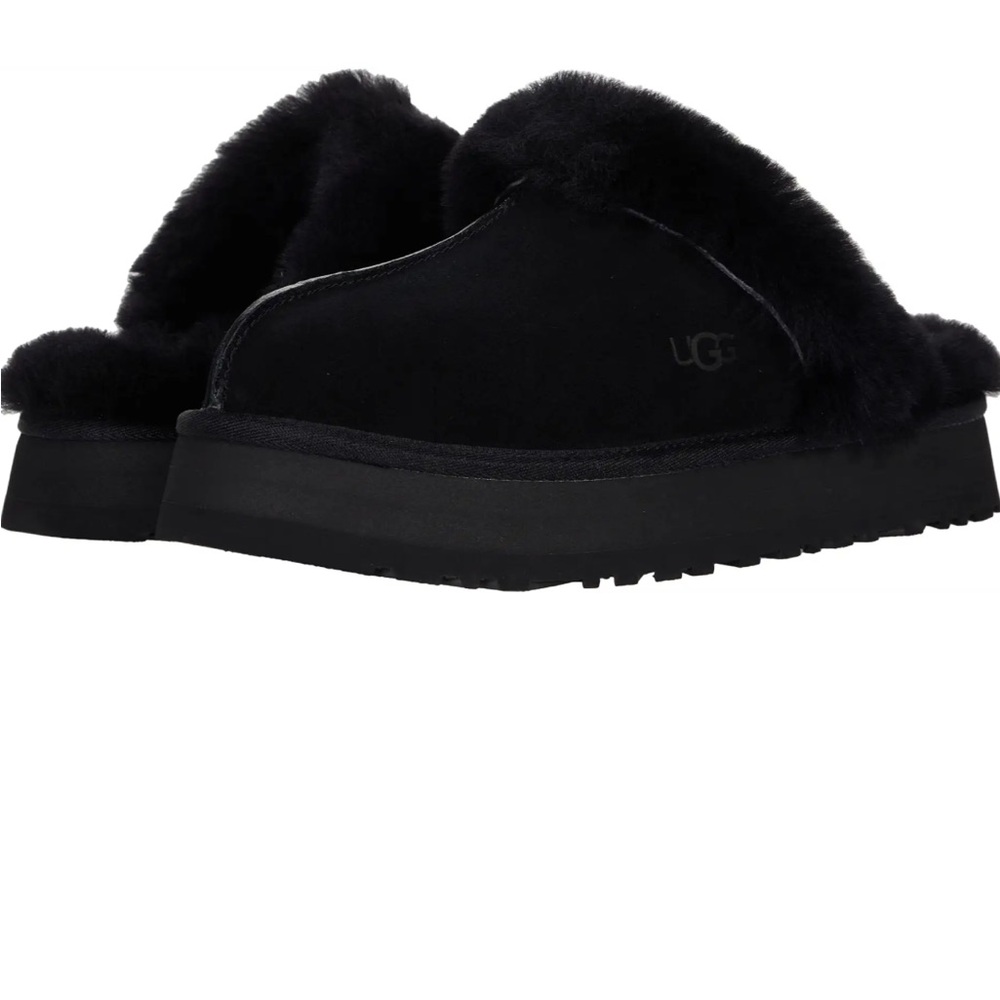 UGG Disquette Slip On Sheepskin Suede Platform Slippers 8 Black